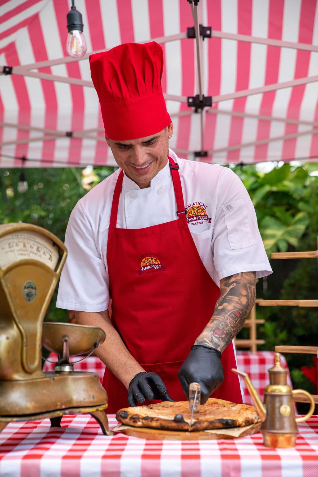 A slice of wood-fired pizza ready to serve