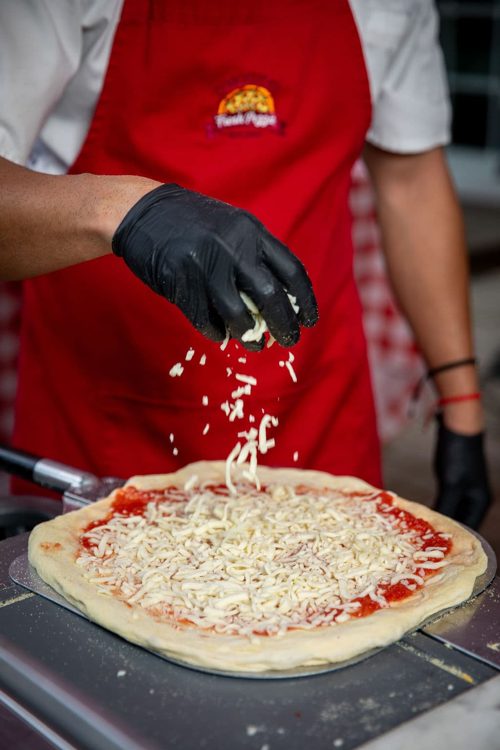 Margherita fresh out of the wood-fired oven