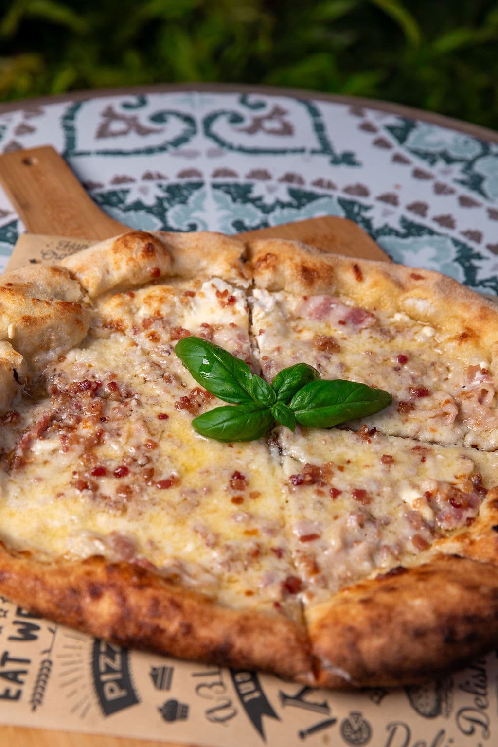 Margherita fresh out of the wood-fired oven